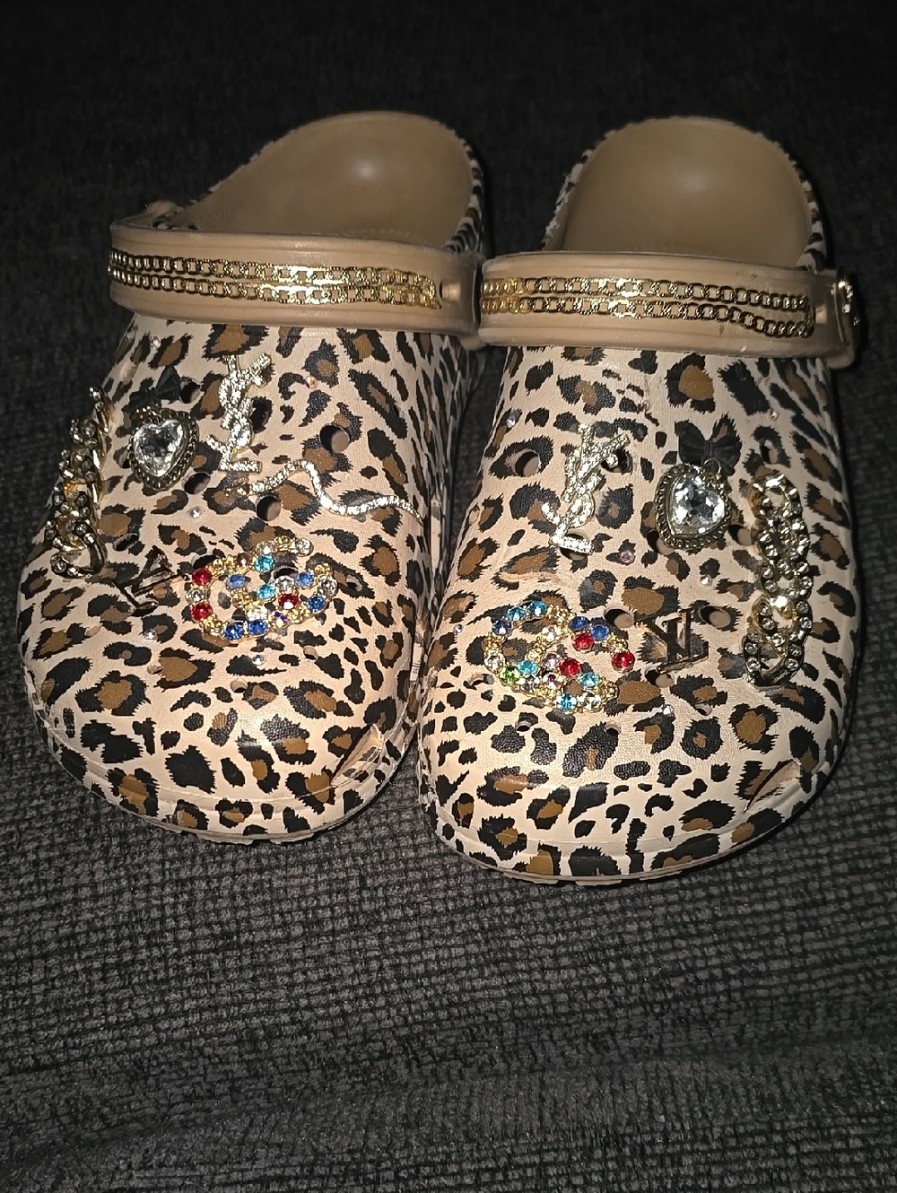 Time and Tru Leopard Print Clogs with Gem Accents - Tan